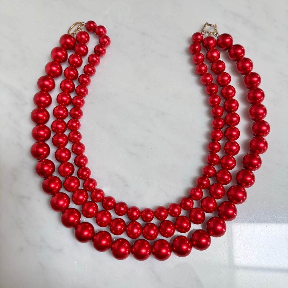 Vintage Beautiful Round Red Beads Multi-Strand Necklace Hook Closure 10.5-14.5mm